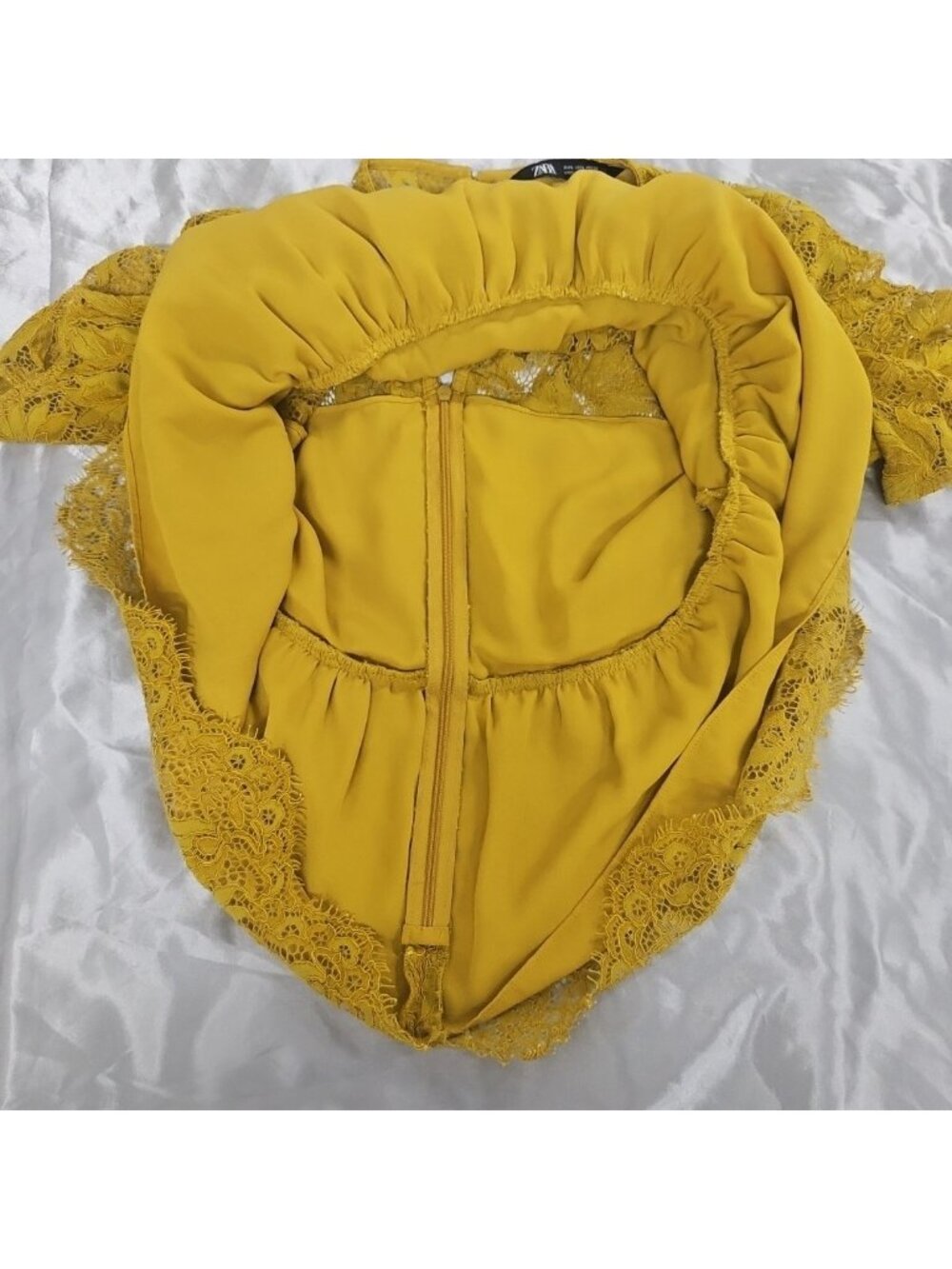 Zara Womens Large Mustard Yellow Lace Peplum Top Romantic Cottagecore Blouse - Picture 7 of 16